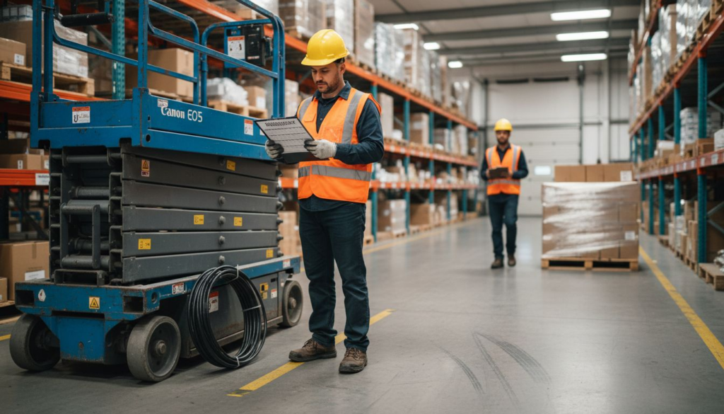 Scissor lift operator reviews safety checklist in warehouse