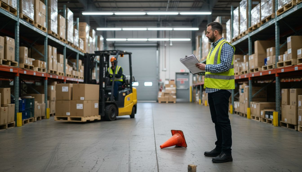 Warehouse manager overseeing forklift operations for OSHA compliance