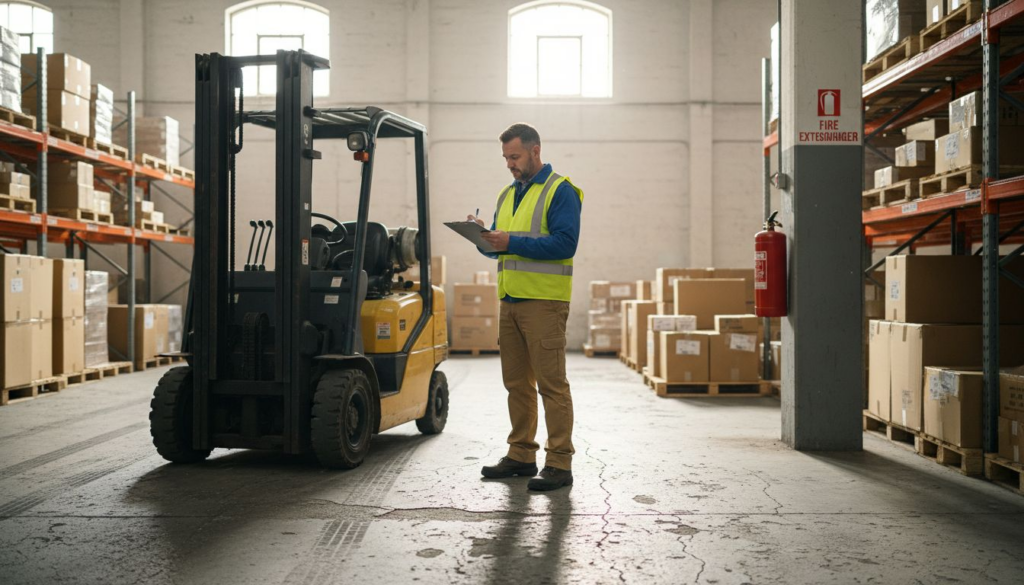 Supervisor inspects forklift in large warehouse