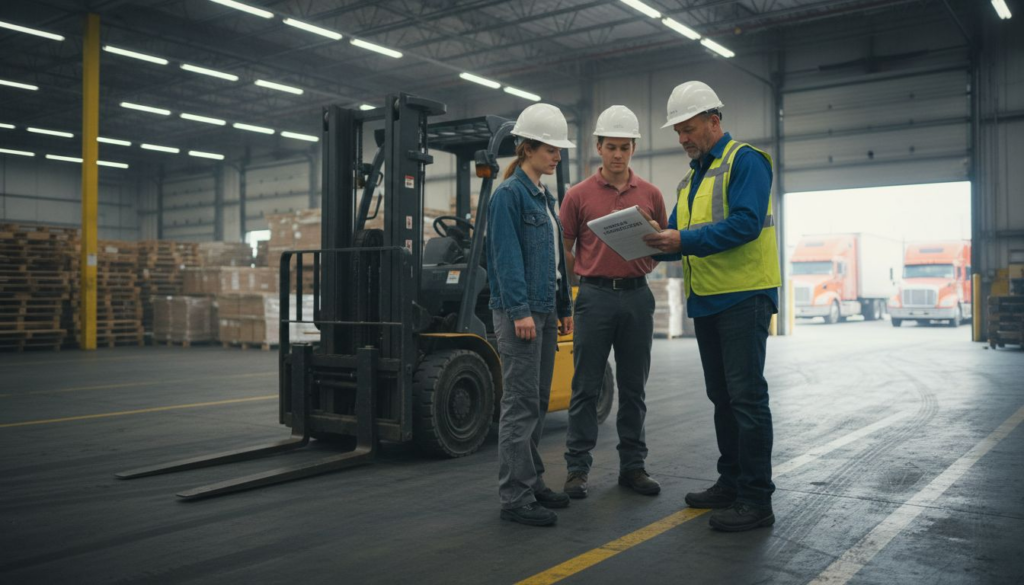 Forklift trainer instructs trainees in warehouse