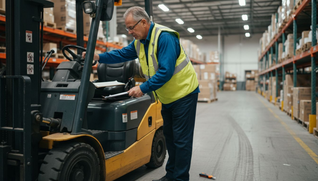 Supervisor inspecting forklift in busy warehouse