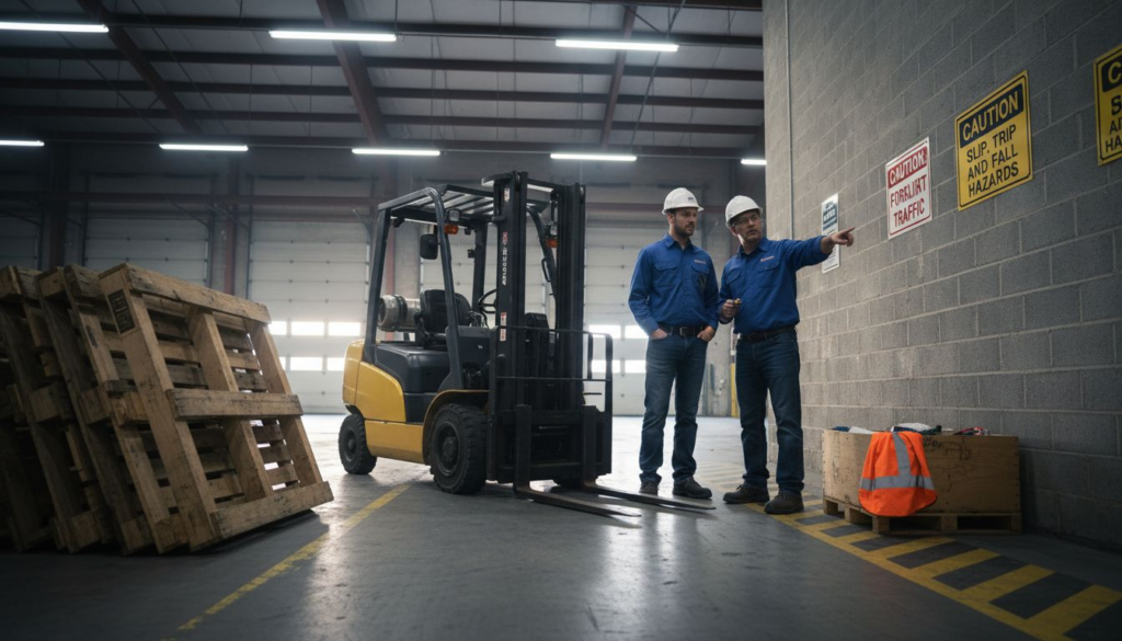 Forklift operator learning about warehouse hazards