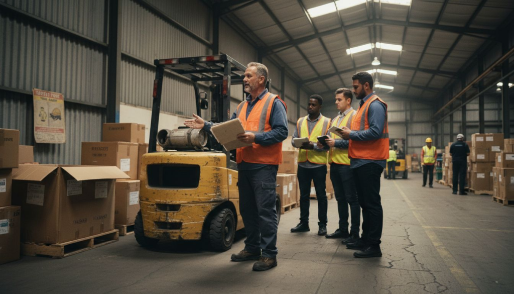 Supervisor instructs staff on forklift safety