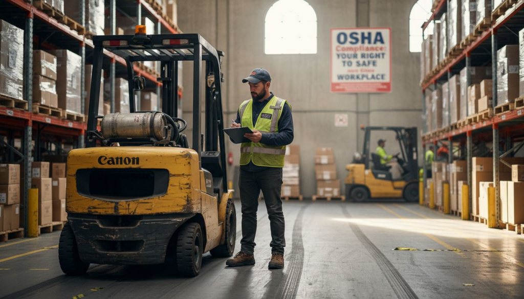 Forklift operator reviewing safety checklist in warehouse