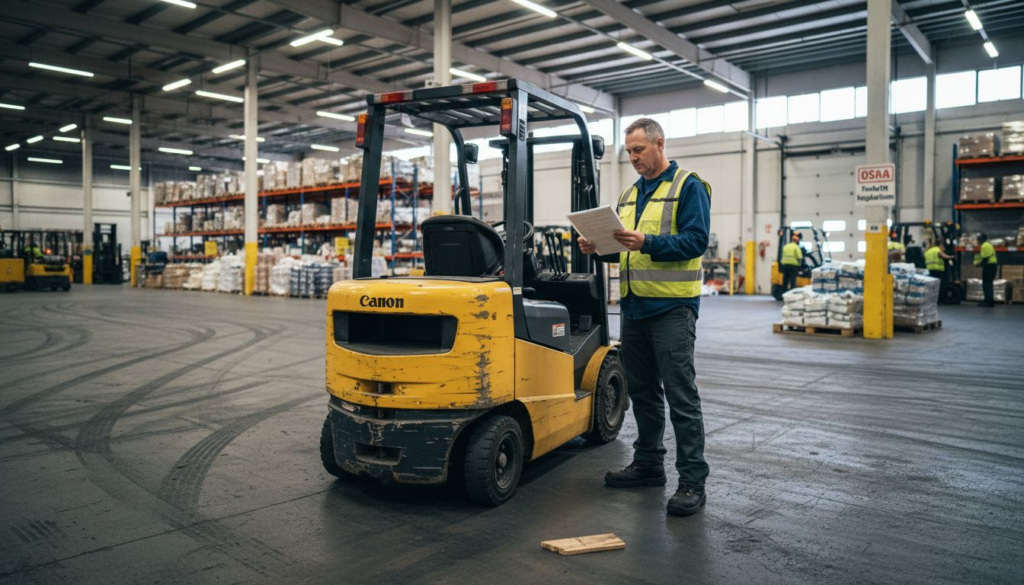 Forklift operator checking safety checklist