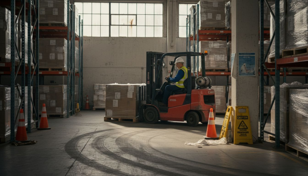 Forklift operator driving near warehouse hazards