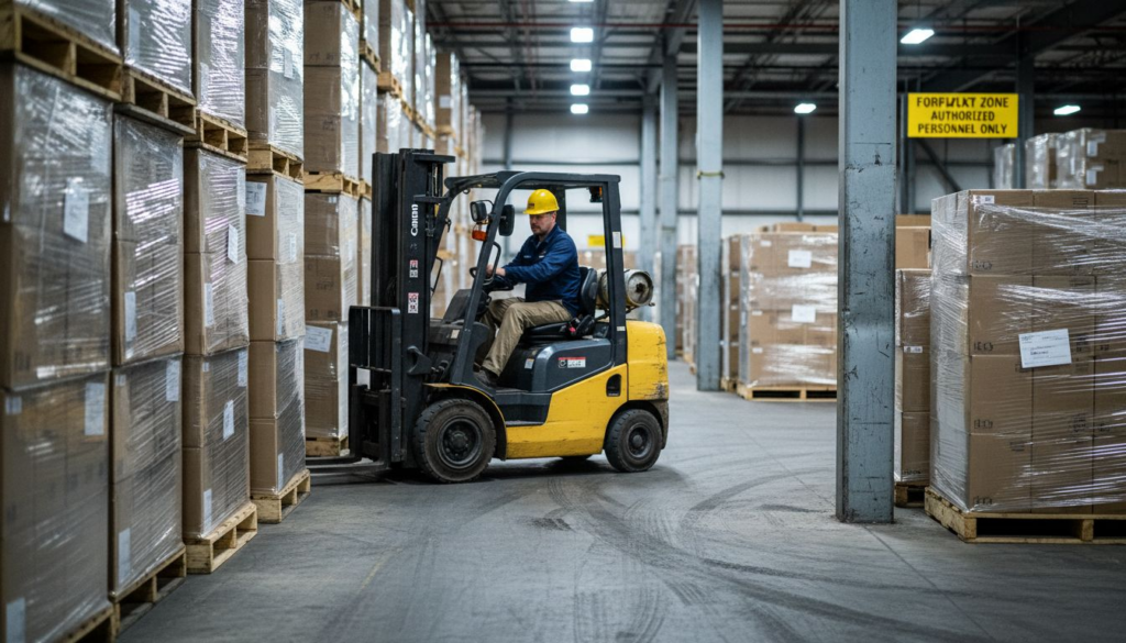 Forklift operator driving in busy warehouse