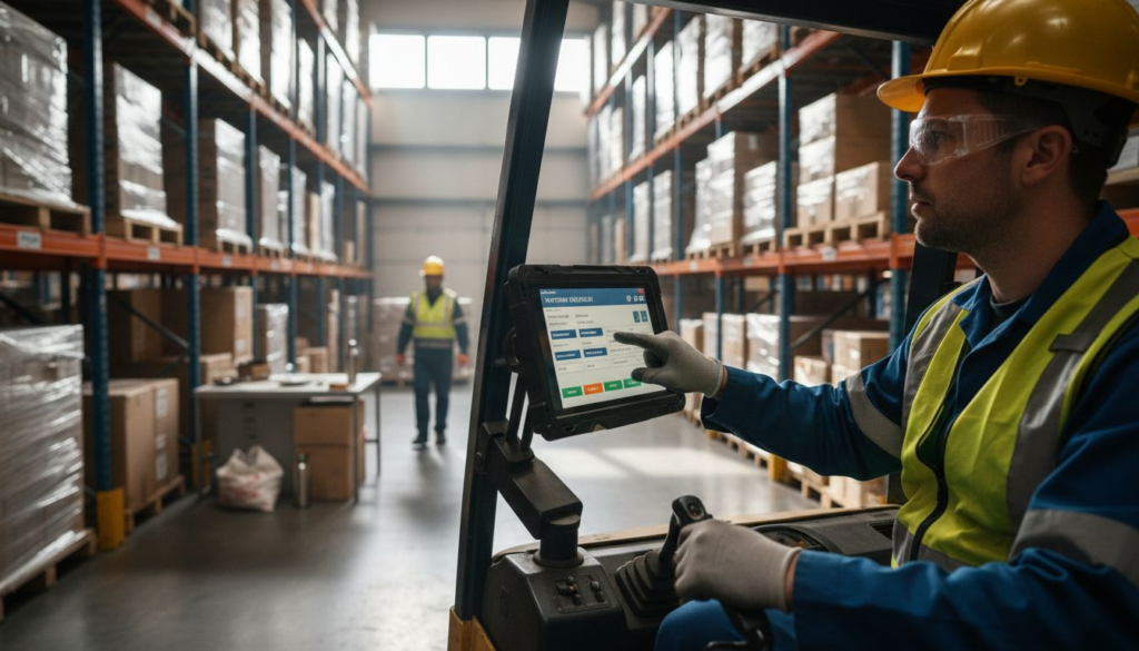 Forklift operator checking safety dashboard