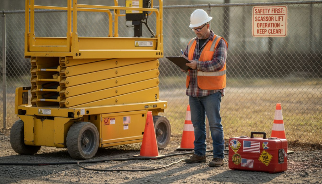 Supervisor inspecting scissor lift at jobsite