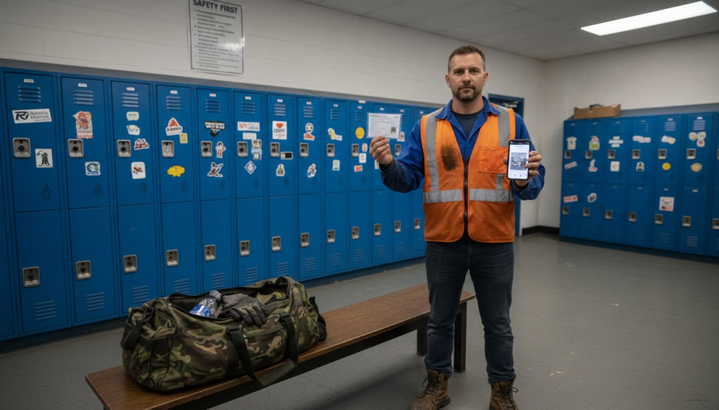 Forklift operator reviewing certification documents