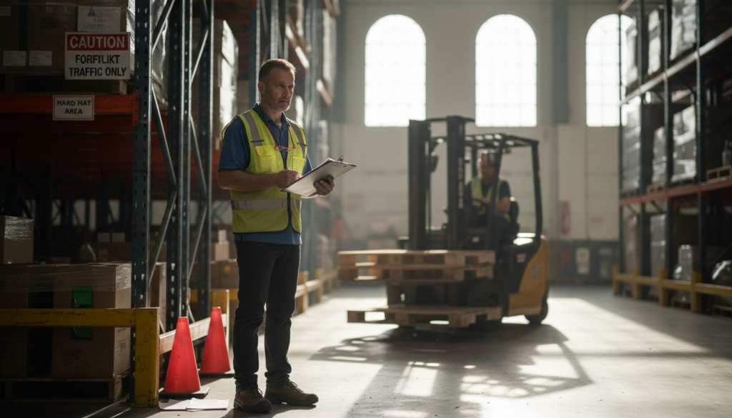 Trainer assessing forklift safety in warehouse
