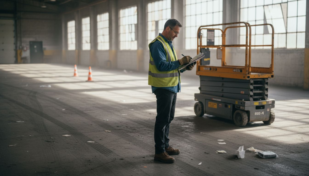 Technician inspecting warehouse for lift use