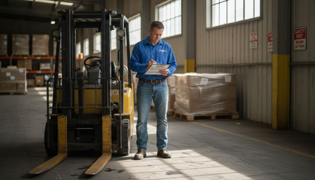 Warehouse supervisor inspecting forklift with checklist