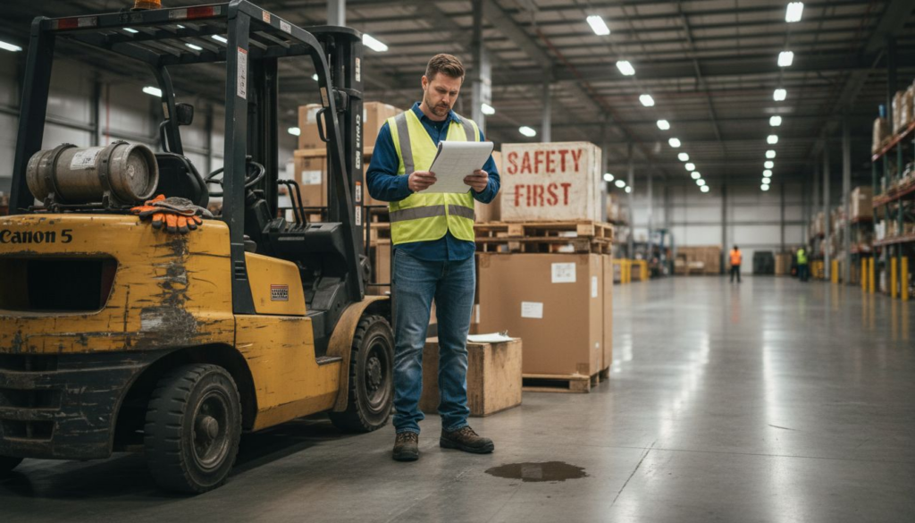 Forklift operator reviewing OSHA safety checklist