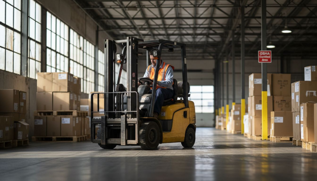 Warehouse worker reviewing forklift safety in OSHA area