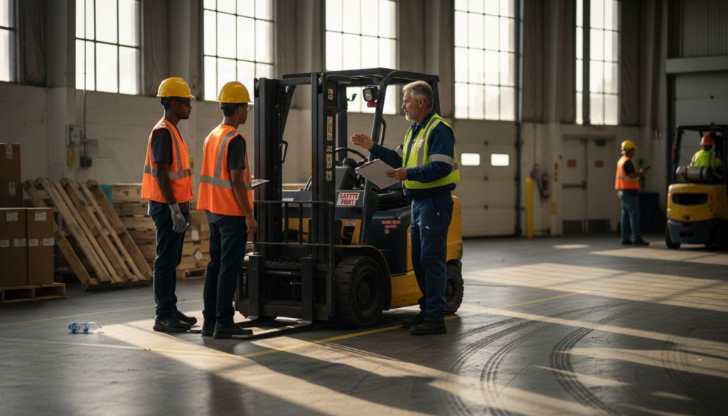 Forklift trainer instructing trainees in warehouse