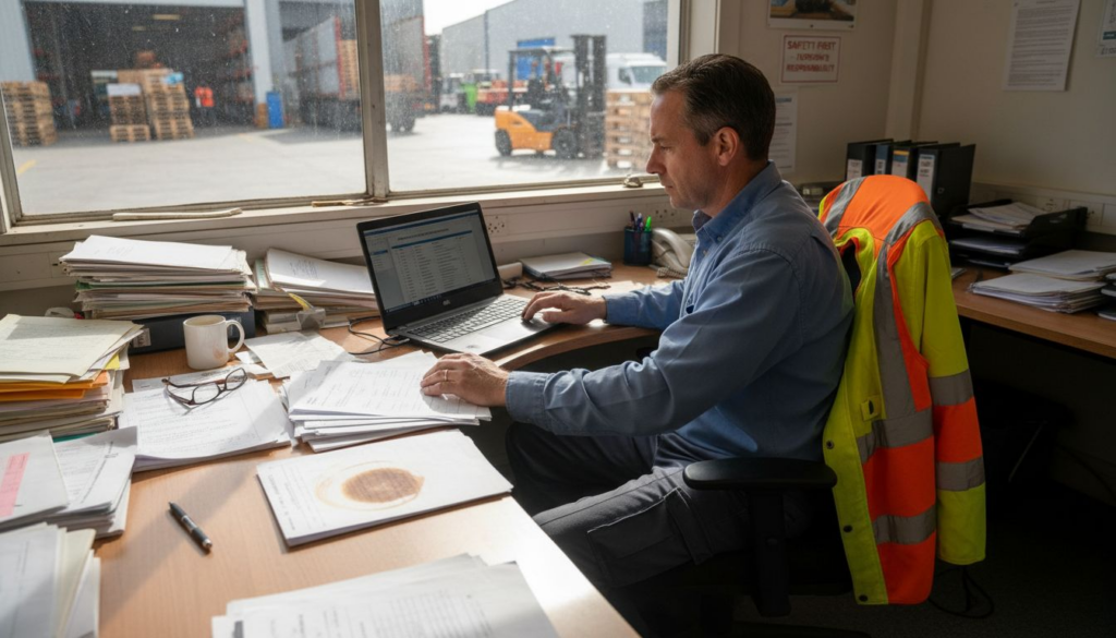 Warehouse manager reviewing forklift training papers
