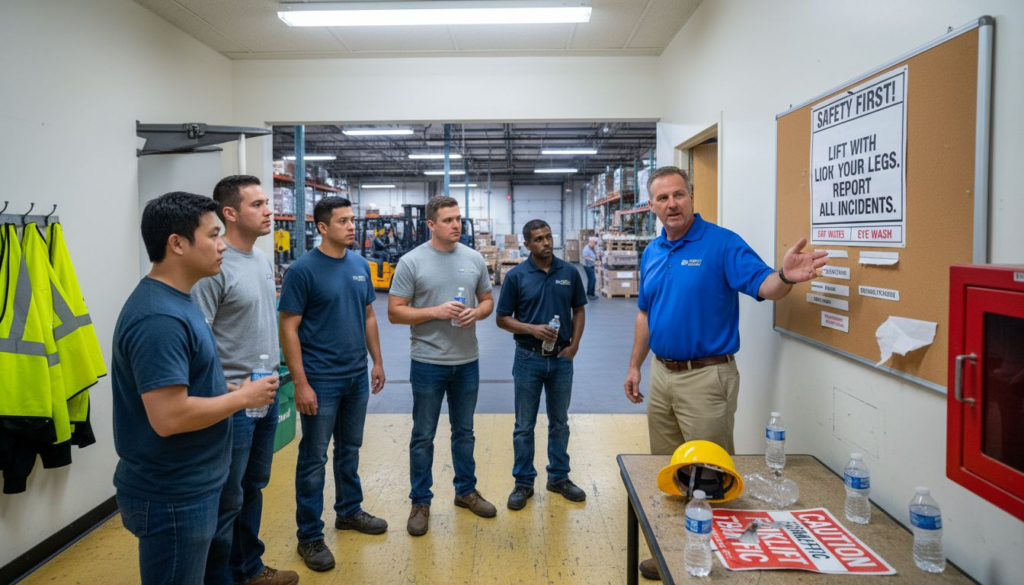 Warehouse safety trainer instructing workers