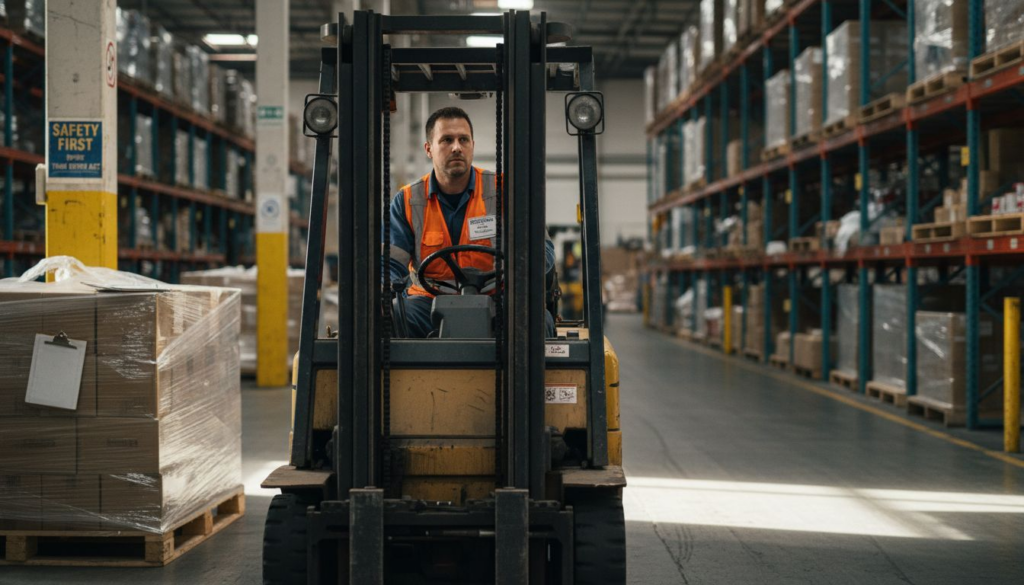 Forklift driver operating safely in warehouse