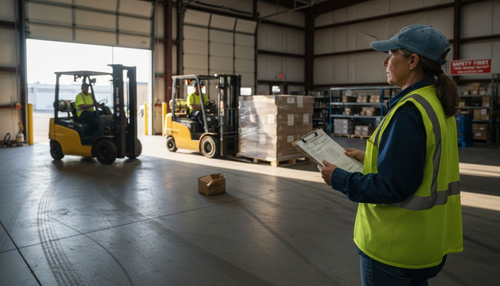 Supervisor overseeing onsite forklift certification