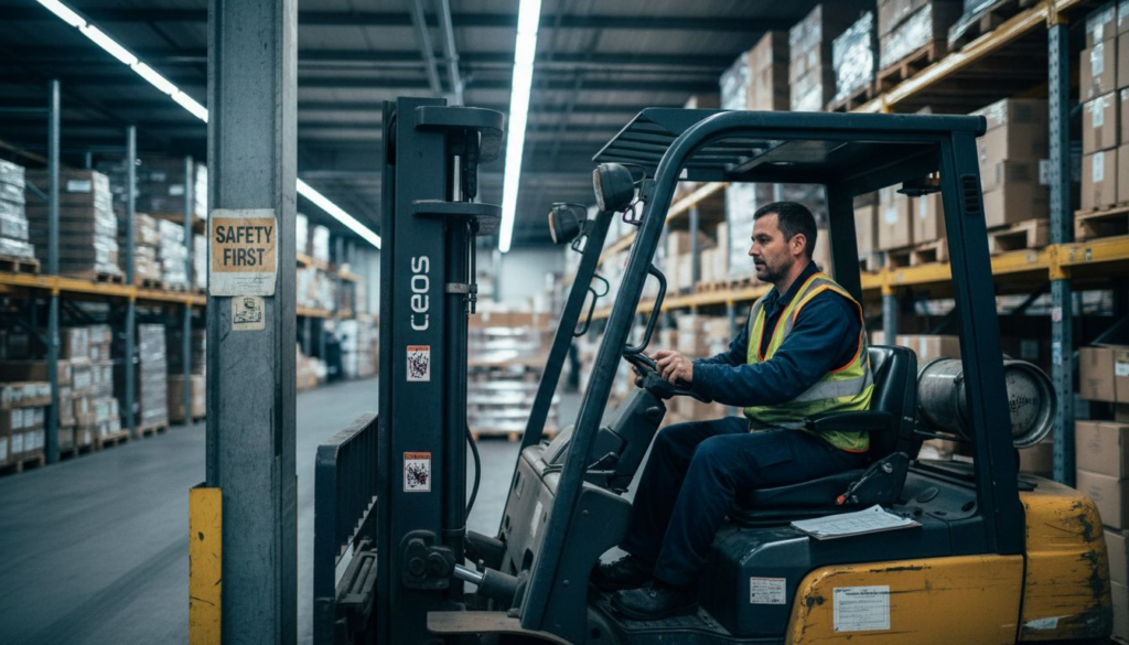 Forklift operator practicing hands-on in warehouse