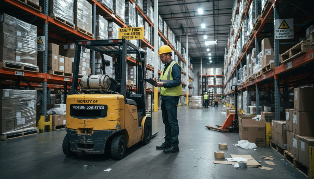 Supervisor inspecting forklift for OSHA compliance