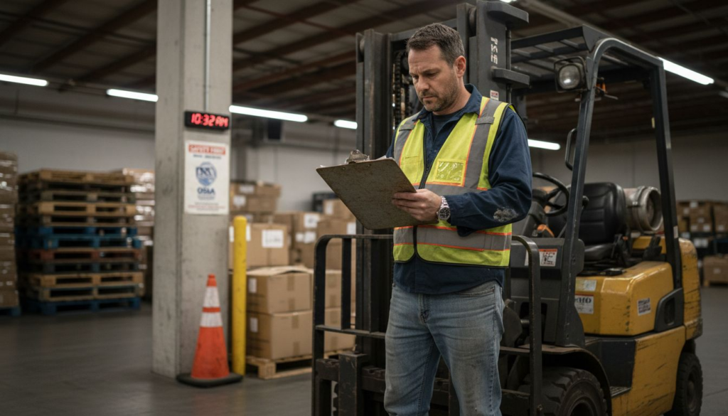 Forklift operator reviewing recertification paperwork