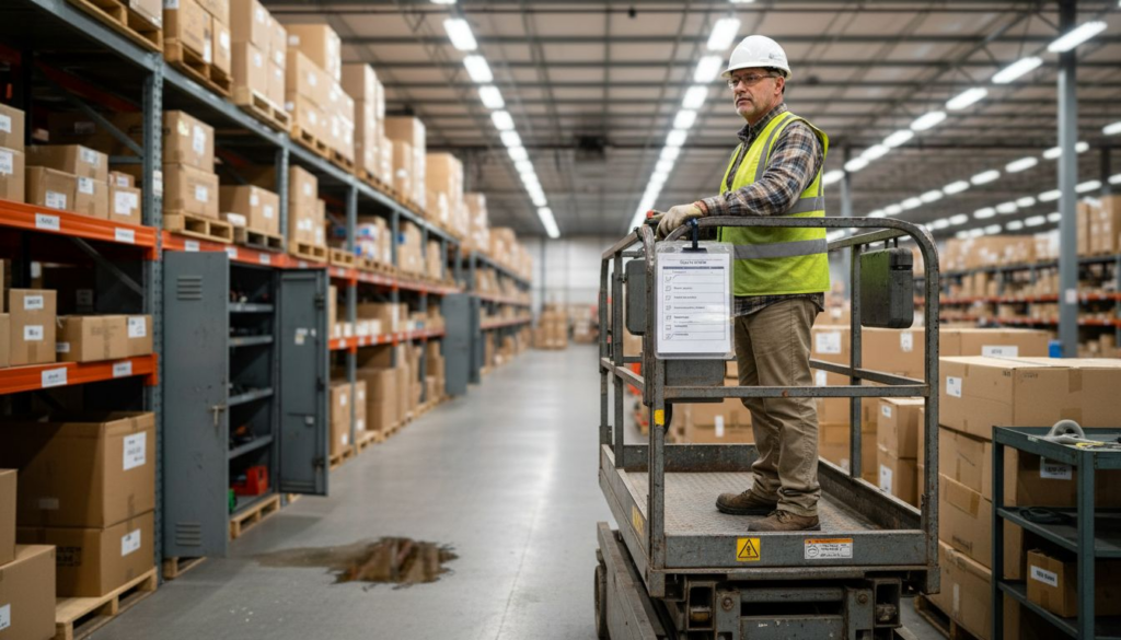 Warehouse operator on scissor lift platform