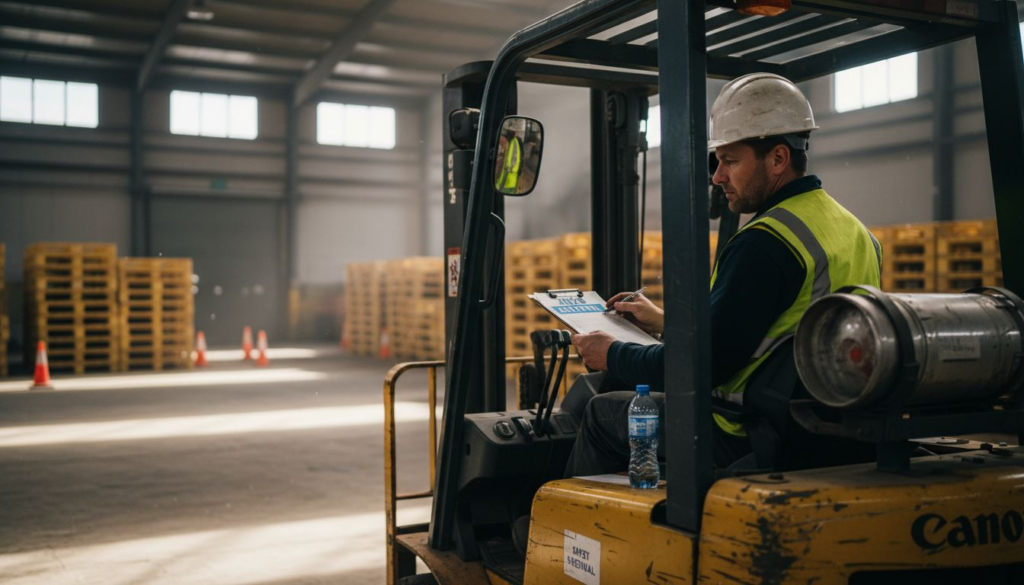 Forklift operator reviewing safety checklist in warehouse