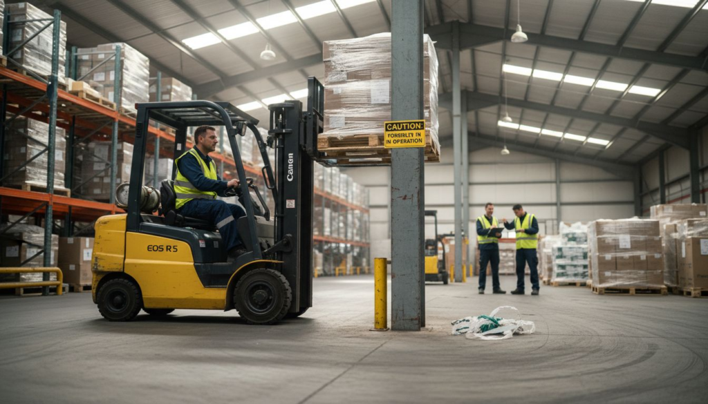 Forklift operator drives through active warehouse aisle