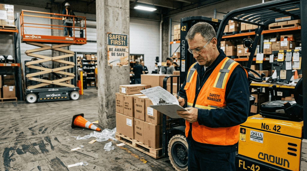 Warehouse manager inspecting forklift and scissor lift