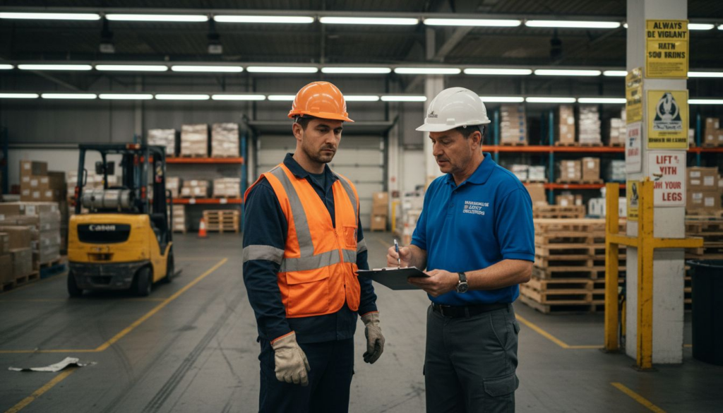 Forklift operator training in warehouse with instructor