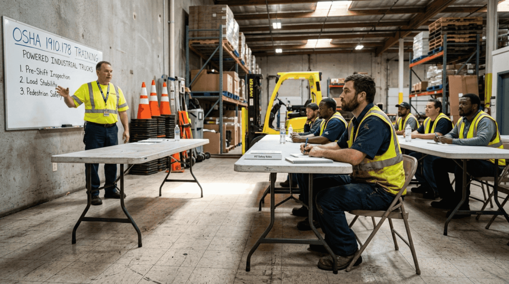 Forklift operator training session in warehouse