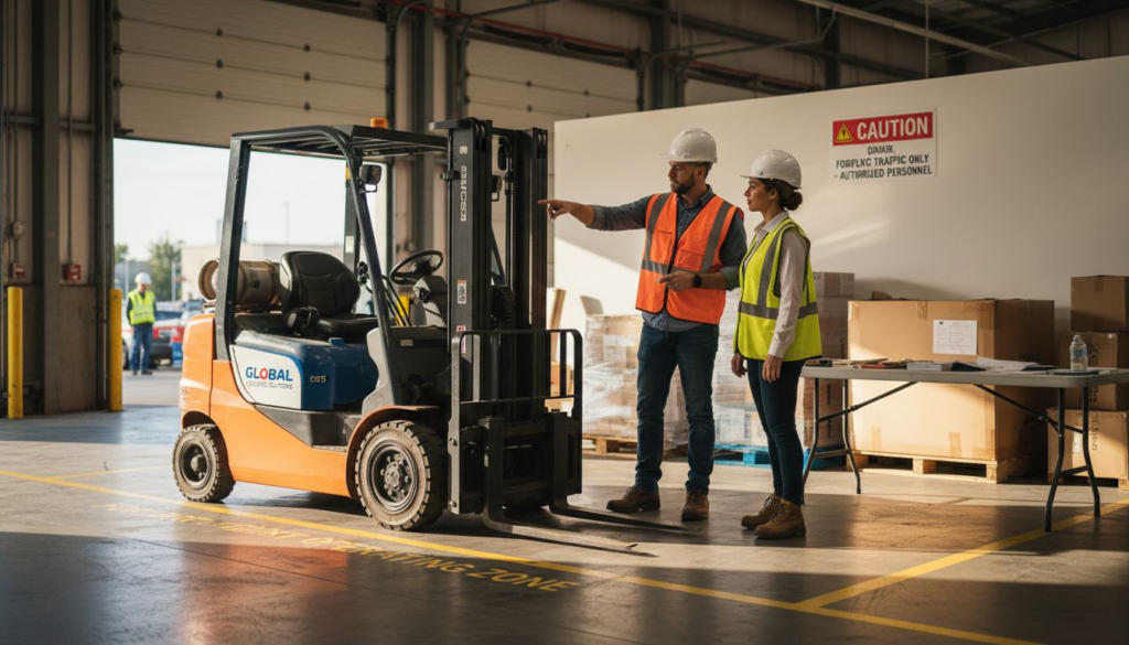 Safety trainer instructing workers near forklift