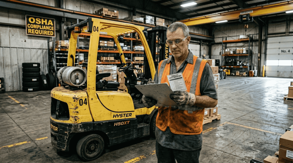 Forklift operator checking OSHA safety checklist