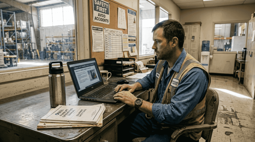 Forklift operator completing online certification module