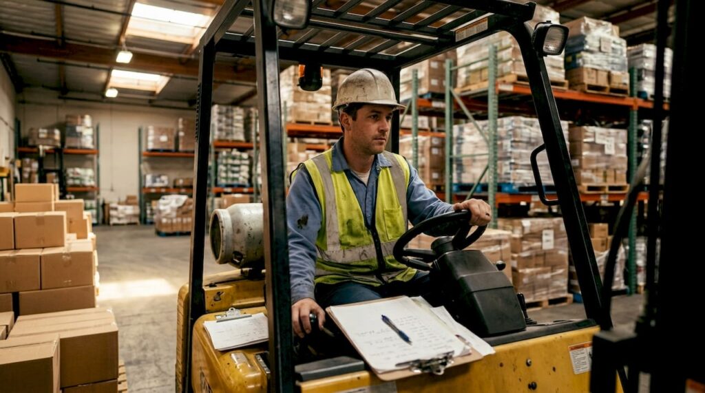 Forklift operator at work in warehouse