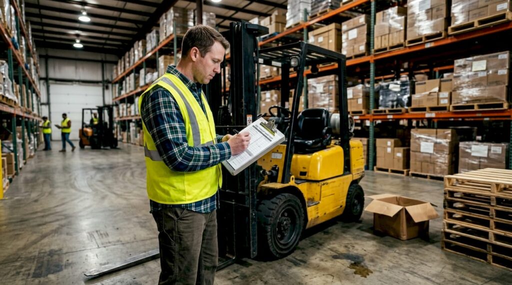 Supervisor inspecting forklift for OSHA compliance