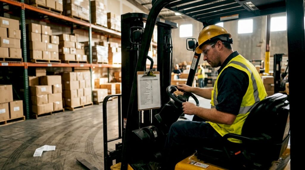 Forklift operator checking checklist in warehouse