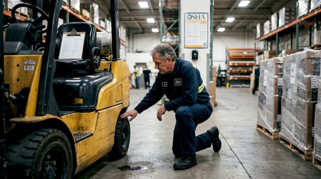 Forklift operator checking tire in warehouse