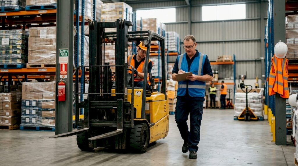 Supervisor inspecting forklift with operator in warehouse