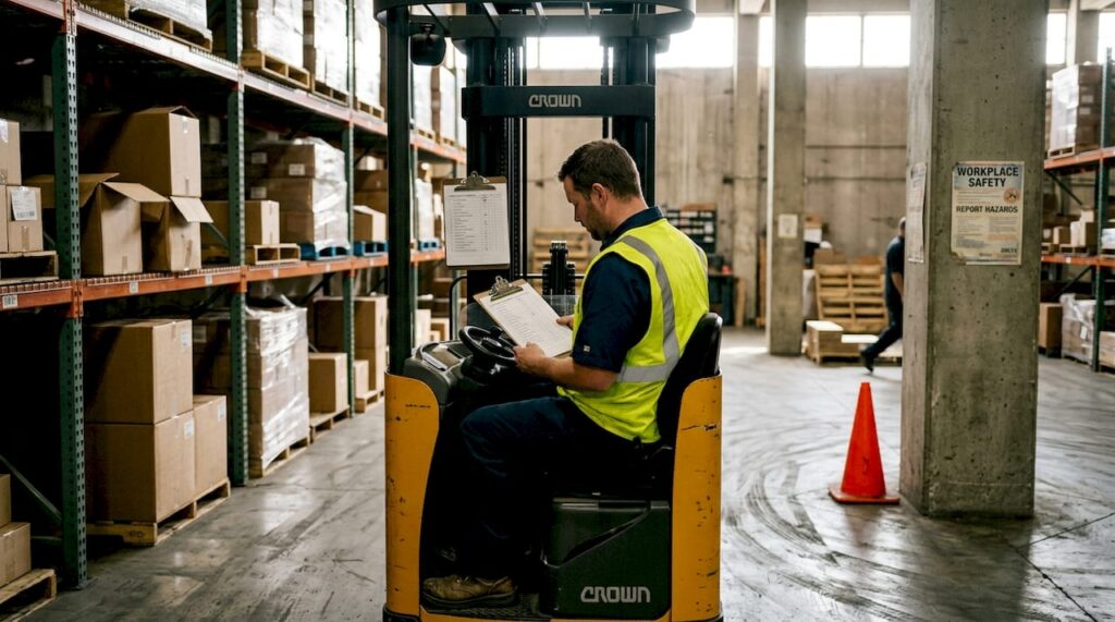 Forklift operator checking OSHA safety checklist