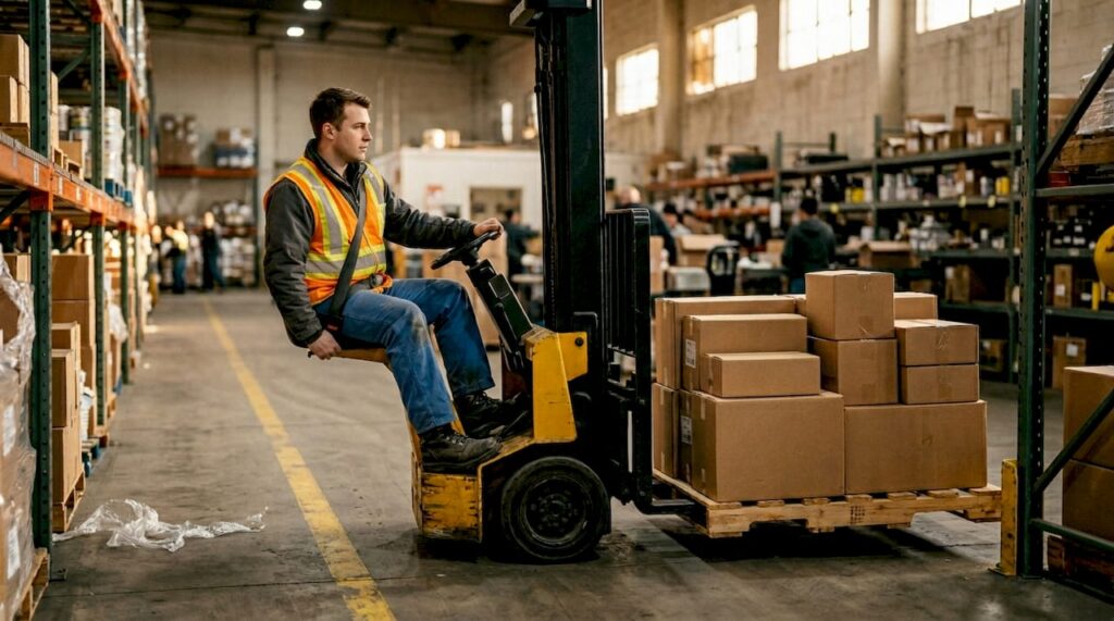 Forklift operator in warehouse with safety vest