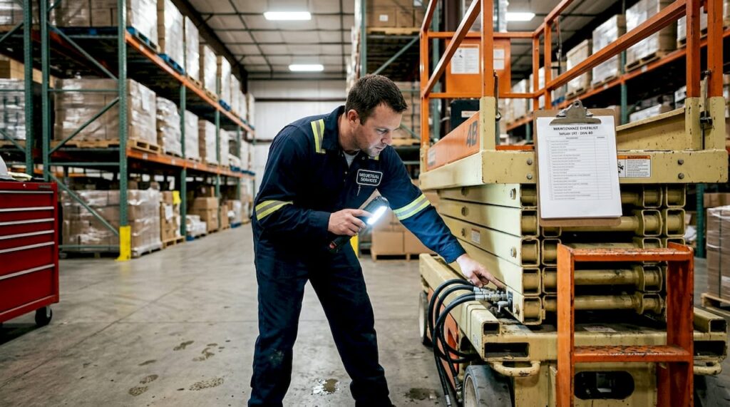 Technician inspecting scissor lift in warehouse