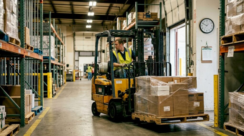 Forklift operator driving safely in warehouse aisle