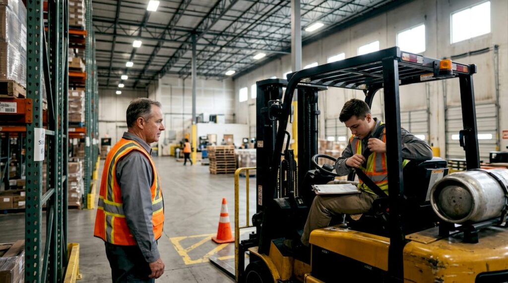 Supervisor observes forklift operator training in warehouse