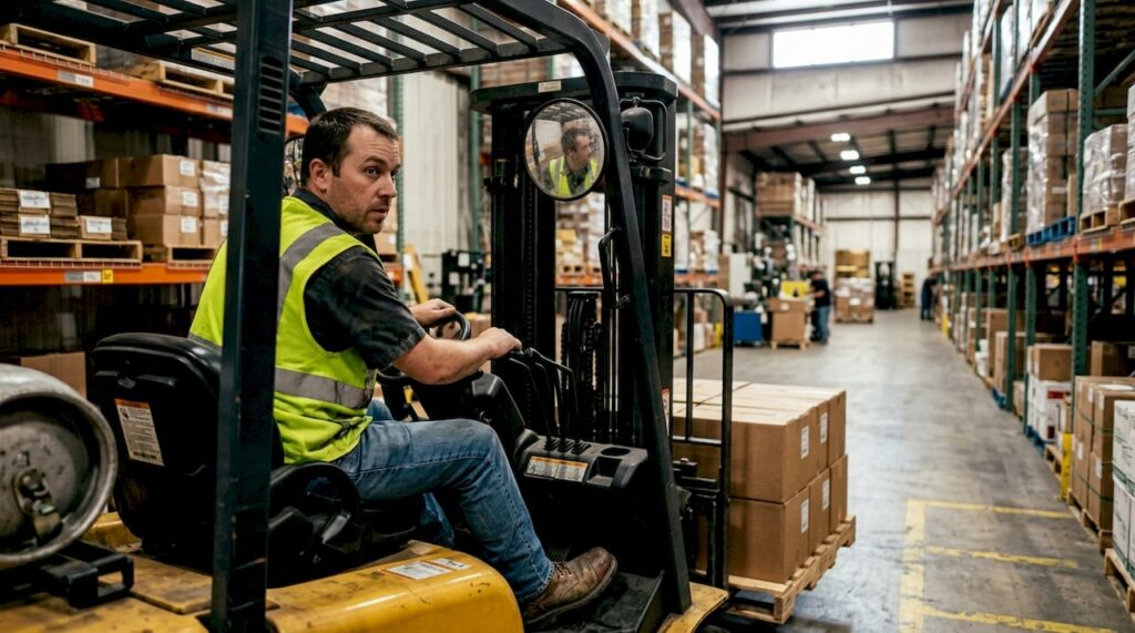 Forklift operator driving safely in warehouse