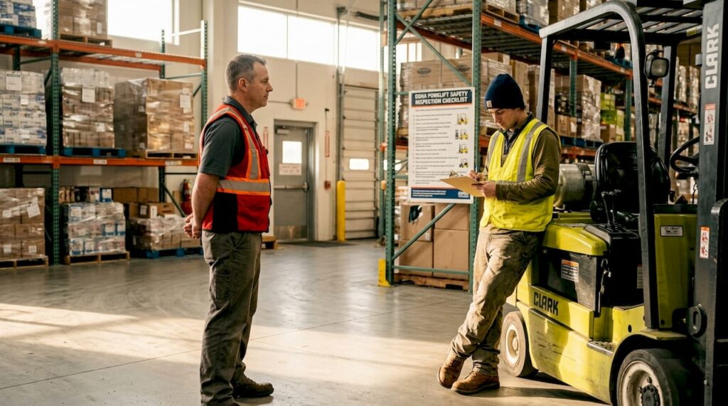 Supervisor overseeing forklift safety check in warehouse