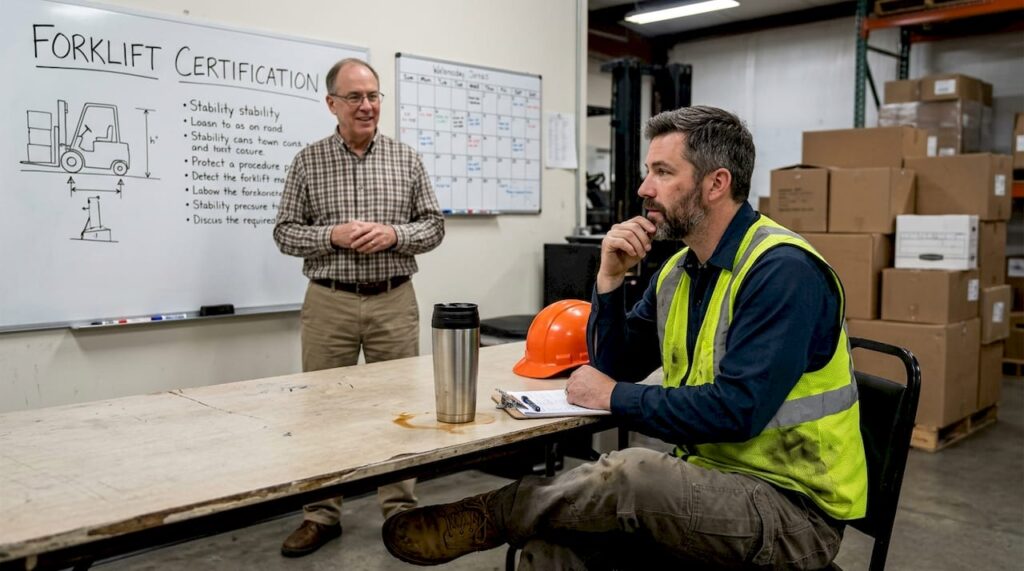 Forklift operator classroom session in warehouse