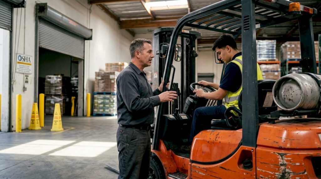 Trainer guides forklift trainee in warehouse setting